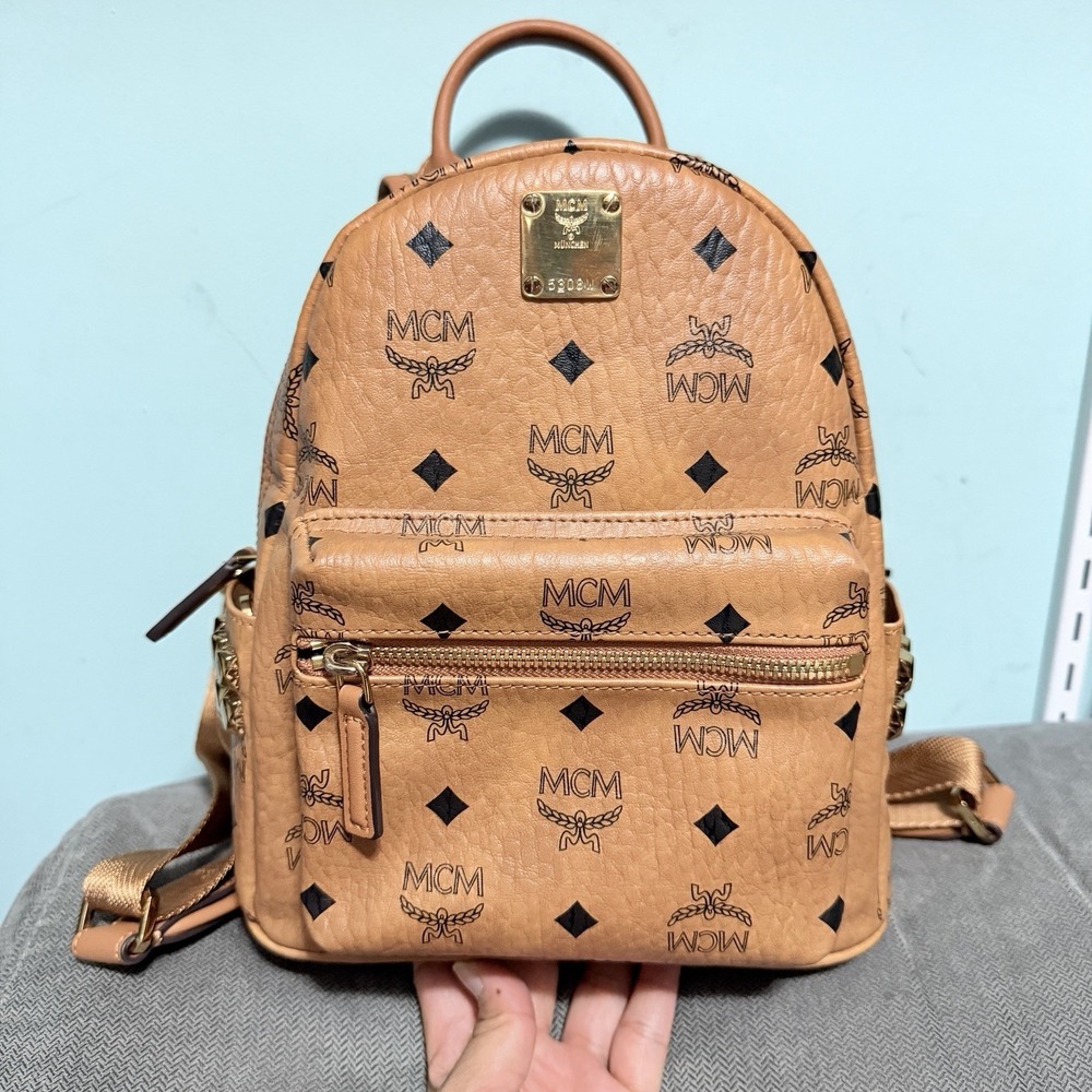 MCM Stark Mini Backpack Cognac Visetos Studded Gold Hardware Korea